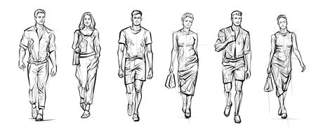 Line Drawing Illustration of Handsome Young Woman and Man In Smart Casual Wear. Outline drawing for coloringの写真素材