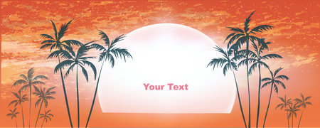 Silhouette of tropical palm trees at sunset or sunrise, with cloudy sky. vector illustrationのイラスト素材