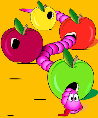 Illustration of the exhausted pink worm overate three applesのイラスト素材