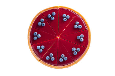 round cheesecake with blueberries top view on a white backgroundの写真素材