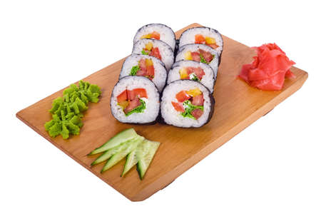 Sushi with vegetables  in the rice on a light backgroundの写真素材