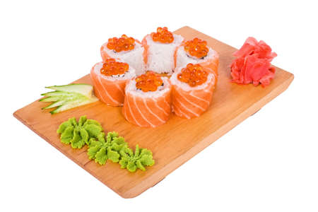 Sushi with salmon and caviar in the rice on a light backgroundの写真素材