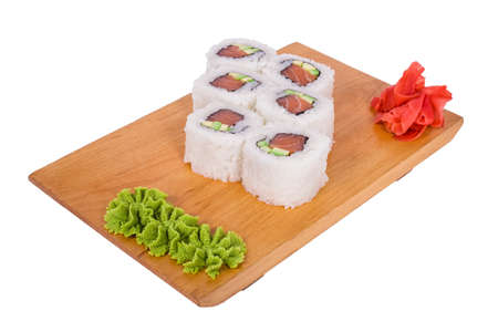 Sushi with tuna and sesame seeds in the rice on a light backgroundの写真素材