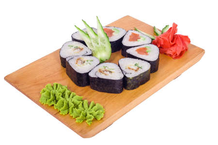 round composition of sushi with different fillings with cucumberの写真素材