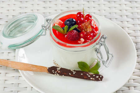 Pannacotta with fruit chocolate sticks on a light backgroundの写真素材