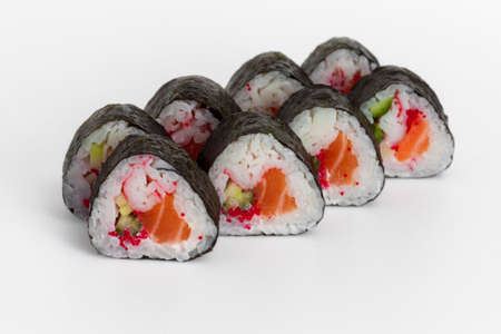 Sushi rolls with salmon and caviar crabの写真素材