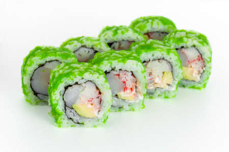 sushi rolls closeup on a white background with tobiko caviarの写真素材