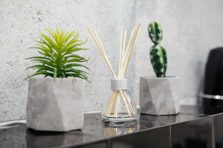 Air fresher and house plants in pots on the stone black tale closeupの写真素材
