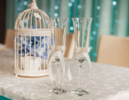 Two wedding glasses with ribbonsの写真素材