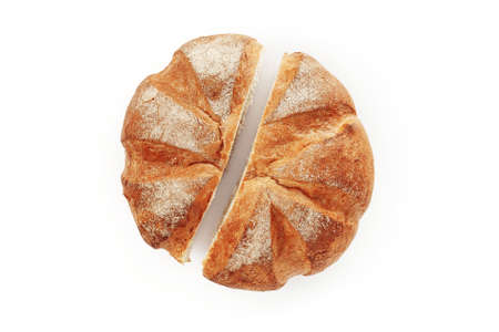 round pastry sliced top view, bread isolated