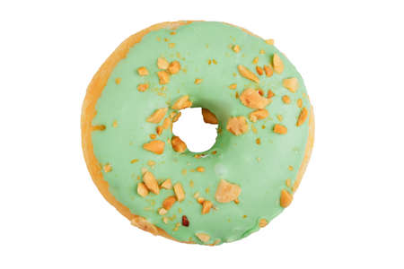 Blue donut sprinkled with red balls isolated on white background top viewの写真素材