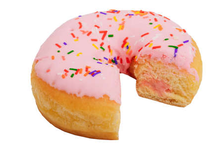 Bitten strawberry donut with colorful sprinkles isolated on white background. Top view.の写真素材