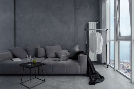 Living room with gray couch and round coffee table, panoramaの写真素材