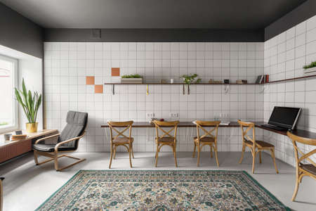 area for work. Hub Interior in minimalism. White-green color Scandinavian style with white tiles and...
