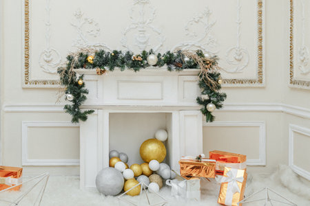 Christmas fireplace without people with giftsの写真素材