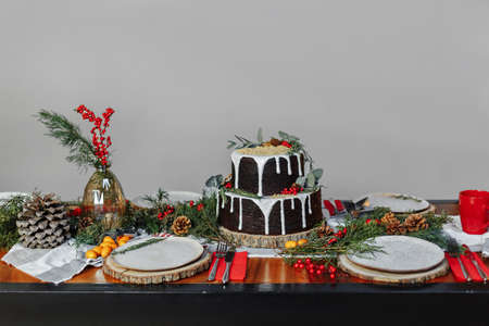 Traditional Christmas dish with red cranberries on the festive tableの写真素材