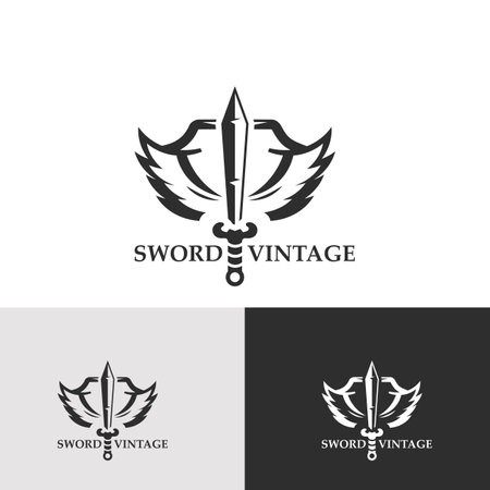 Sword vintage logo design. illustration sword element, can be used as logotype, icon, template coat of arms conceptのイラスト素材