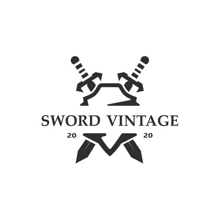 Crossing Sword vintage logo design. illustration sword element, used as logotype, icon, template coat of arms conceptのイラスト素材