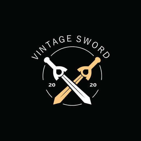 Crossing Sword vintage logo design. illustration sword element, used as logotype, icon, template coat of arms conceptのイラスト素材