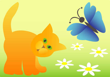   cat, butterfly and white flowersのイラスト素材