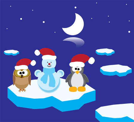 vector illustration of an owl, a penguin and a snowman on the ice floeのイラスト素材