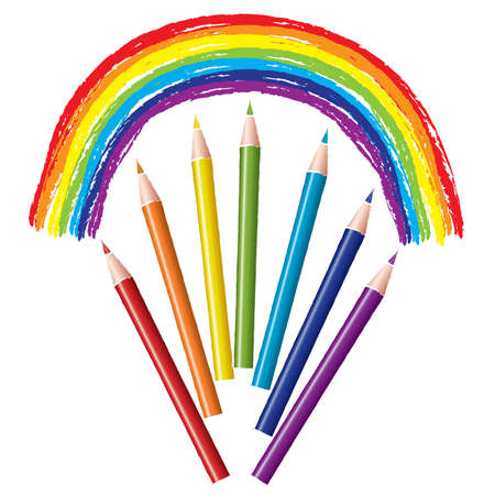 vector set of colored pencils and rainbowのイラスト素材