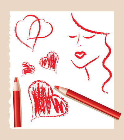 pencil sketch of red hearts and beautiful woman, vectorのイラスト素材