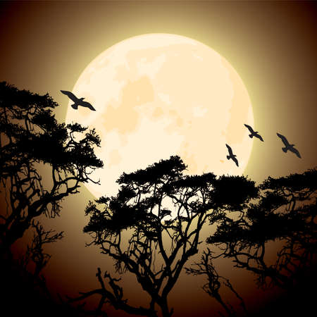 vector big yellow moon and silhouettes of tree branchesのイラスト素材