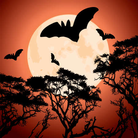 vector big red moon, trees and batsのイラスト素材