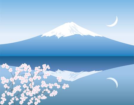 vector Mount Fuji, moon and branches of sakuraのイラスト素材