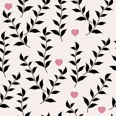 Black leaves and hearts. Vector abstract floral seamless patternのイラスト素材
