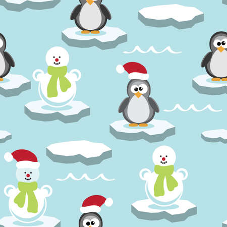 Vector seamless pattern with penguin and snowman on ice floeのイラスト素材