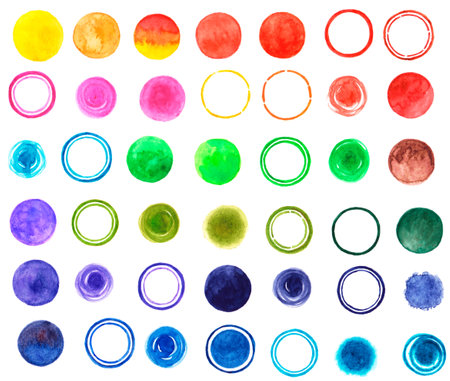 Patterns of polka dots and circles drawn in watercolor [Material set]のイラスト素材