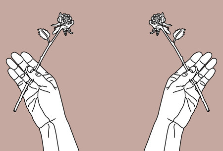 Line art illustration of a hand holding a single rose [Postcard template]のイラスト素材