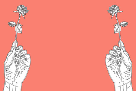 Illustration of a hand holding a single rose [Postcard template]のイラスト素材