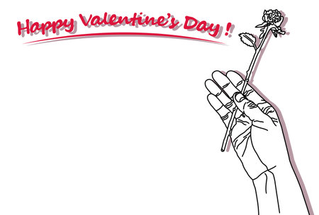 Illustration of a hand holding a single rose drawn on a white background [Postcard template]のイラスト素材