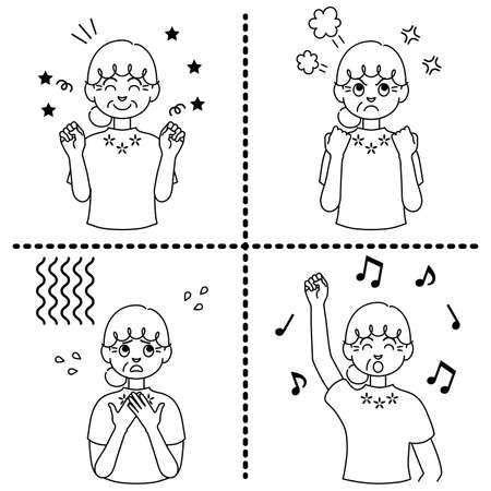 Grandmother's upper body expressing joy, anger, sorrow and pleasure [black and white illustration].のイラスト素材