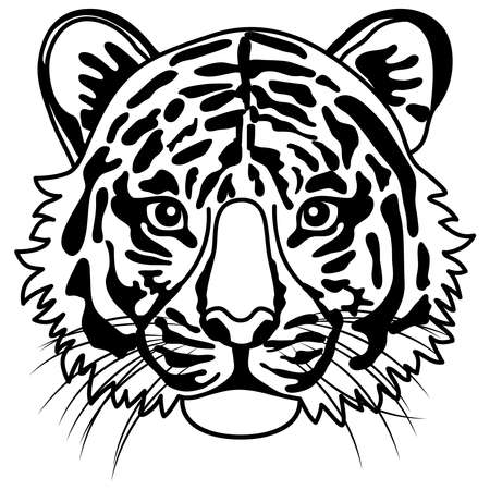 Black and white illustration of a tiger's face facing the frontのイラスト素材