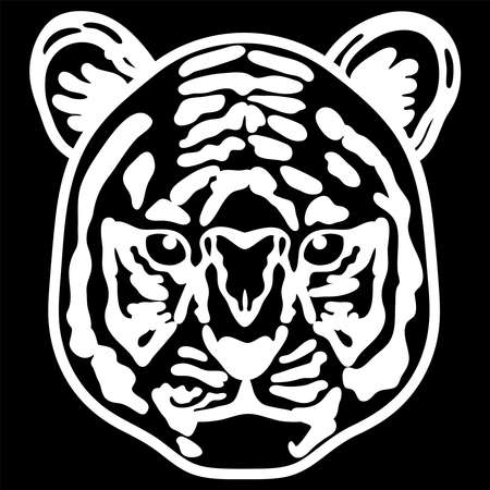 Black and white illustration of a tiger's face facing the front.のイラスト素材