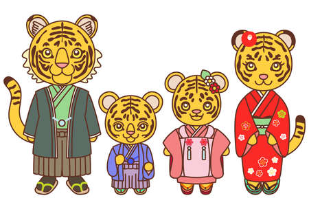 Illustration of a tiger family wearing a kimono "Postcard template". There is a margin to make it easier to insert characters in the New Year's card template.のイラスト素材