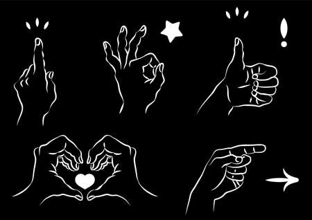 It is a simple black-and-white illustration of a hand sign.
A simple line drawing drawn in white on a black background, it is an illustration that is easy to use for any design.のイラスト素材