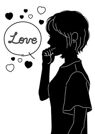 A black and white illustration of a woman looking sideways and a heart mark.

It is a silhouette illustration of the upper body of a woman with short hair.のイラスト素材