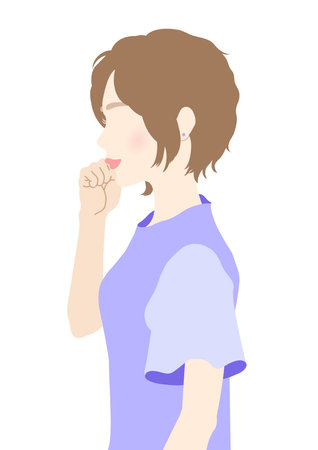It is an upper body illustration of a woman who is facing sideways. 
A color illustration of a bob cut woman putting her hand on her cheek.のイラスト素材