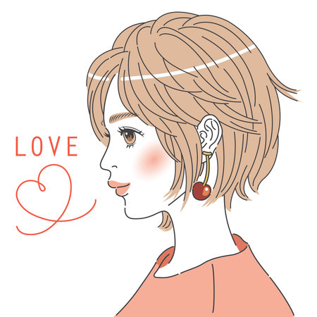 It is a profile illustration of a bob cut woman.
 It is a color illustration of a heart mark and the side of a woman's face.のイラスト素材