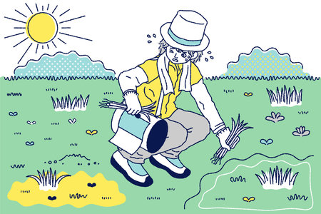 This is a color illustration of a man weeding in the strong sunlight.

It is an illustration of a young man weeding while sweating in the heat.のイラスト素材