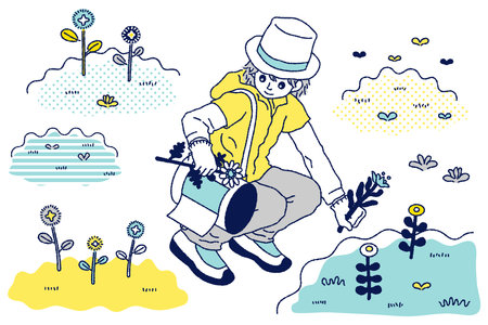 It is a color illustration of a man who collects plants.ãIt is an illustration of a person crouching and picking flowers in a garden or forest.のイラスト素材