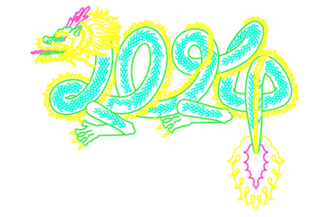This is a New Year's card illustration that expresses the year 2024 with the body of a dragon.This is a postcard template created as a New Year's card for the Year of the Dragon.の写真素材