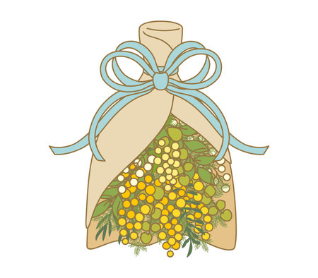 A color illustration of a mimosa bouquet.ãA simple illustration of a mimosa bouquet hanging upside down.のイラスト素材