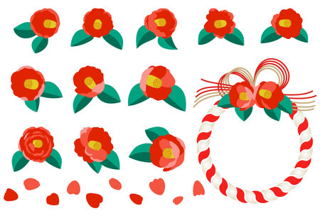 This is a color illustration of red camellia flowers and decorating shrines with shimenawa ropes for New year.のイラスト素材