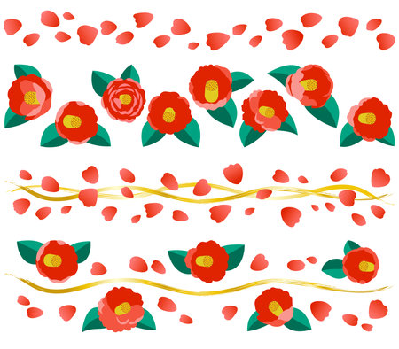 This is a decorative line illustration of a red camellia.ãA set illustration of red camellia flowers and petals.のイラスト素材